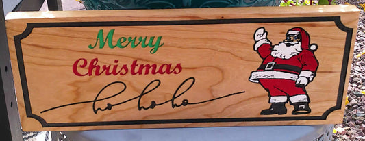 Wooden sign with Santa Claus and 'Merry Christmas' text