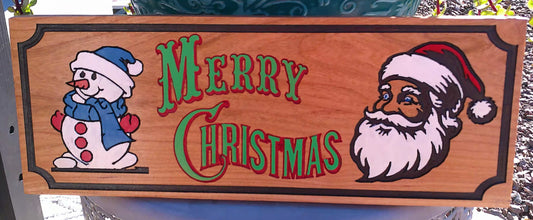 Wooden Christmas sign with Santa Claus and snowman illustrations and 'Merry Christmas' text.