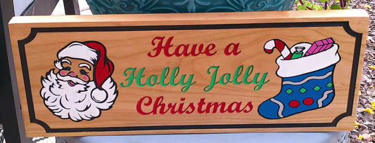 Wooden Christmas sign with Santa Claus, stocking, and text 'Have a Holly Jolly Christmas' on a wooden background.
