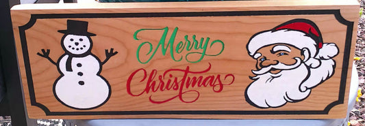 Wooden Christmas sign with Santa Claus and snowman design on a wooden background