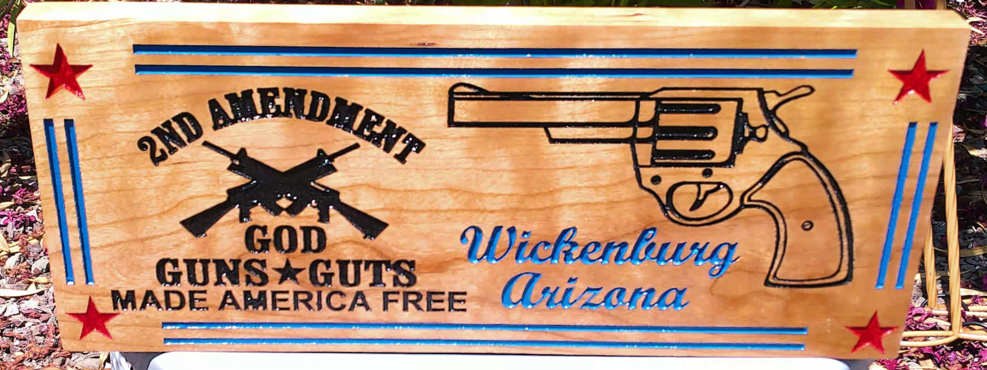 Wooden sign with gun graphic and text about the 2nd Amendment and Wickenburg, Arizona.