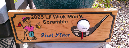 Wooden plaque with golf-themed design and text, featuring a cartoon character and golf club.